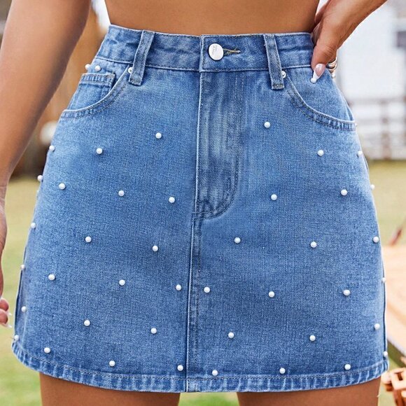 Casual Pearls Beaded Denim Skirt Blue - Picture 4 of 5